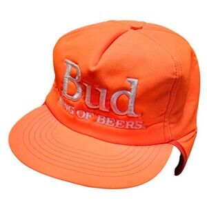 Vintage Bud King Of Beers Hat Hunter Orange Ear Flaps 5 Panel Stylemaster Cap Lg
